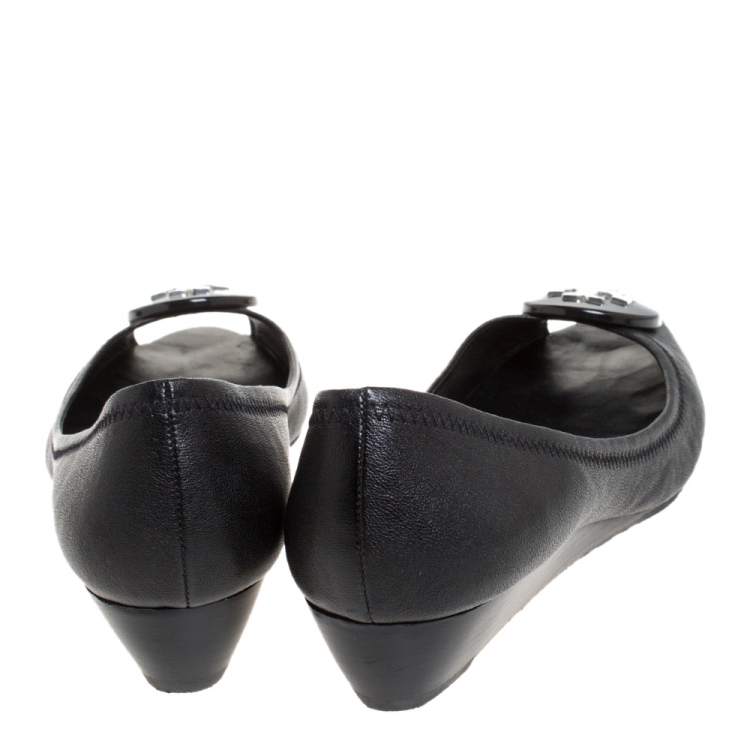 Pre Owned Tory Burch Black Leather Reva Peep Toe Wedge Pumps Flats Size 41