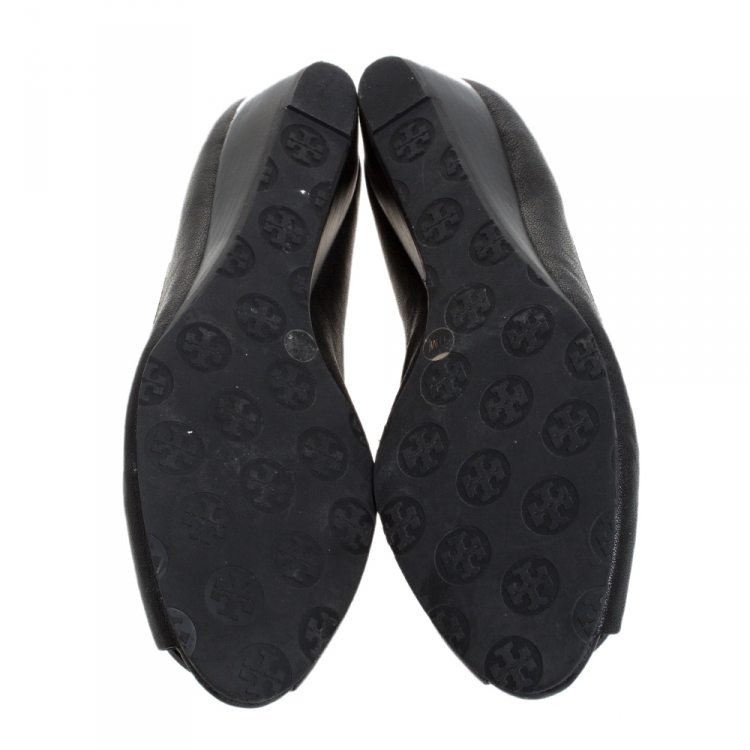 Pre Owned Tory Burch Black Leather Reva Peep Toe Wedge Pumps Flats Size 41