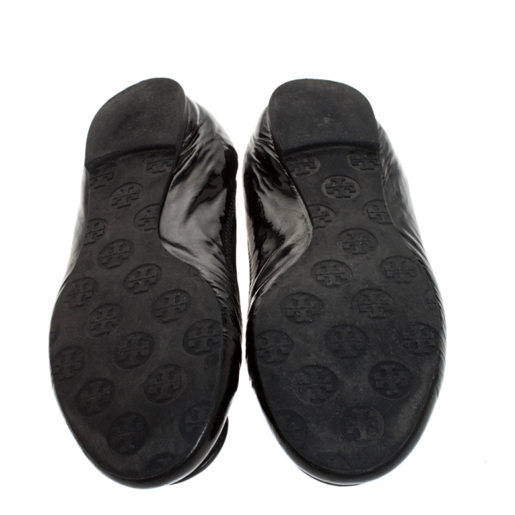 Pre Owned Tory Burch Black Patent Leather Reva Scrunch Ballet Flats Size 37.5