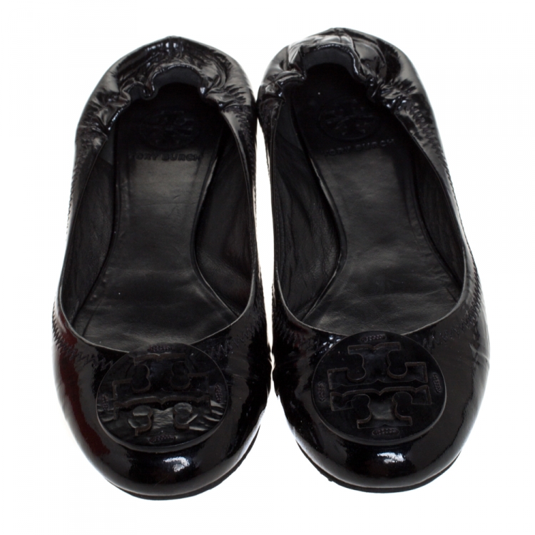 Pre Owned Tory Burch Black Patent Leather Reva Scrunch Ballet Flats Size 37.5