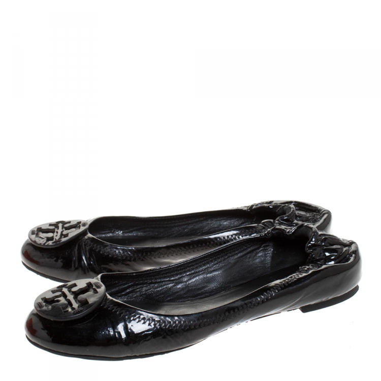 Pre Owned Tory Burch Black Patent Leather Reva Scrunch Ballet Flats Size 37.5