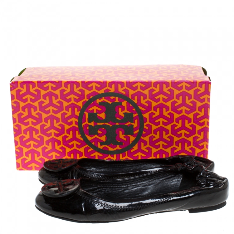 Pre Owned Tory Burch Black Patent Leather Reva Scrunch Ballet Flats Size 37.5