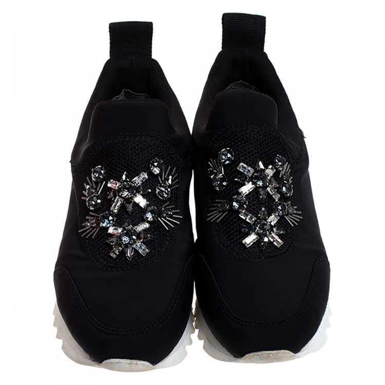 Pre Owned Tory Burch Black Neoprene Rosas Embellished Runner Sneakers Size 36.5