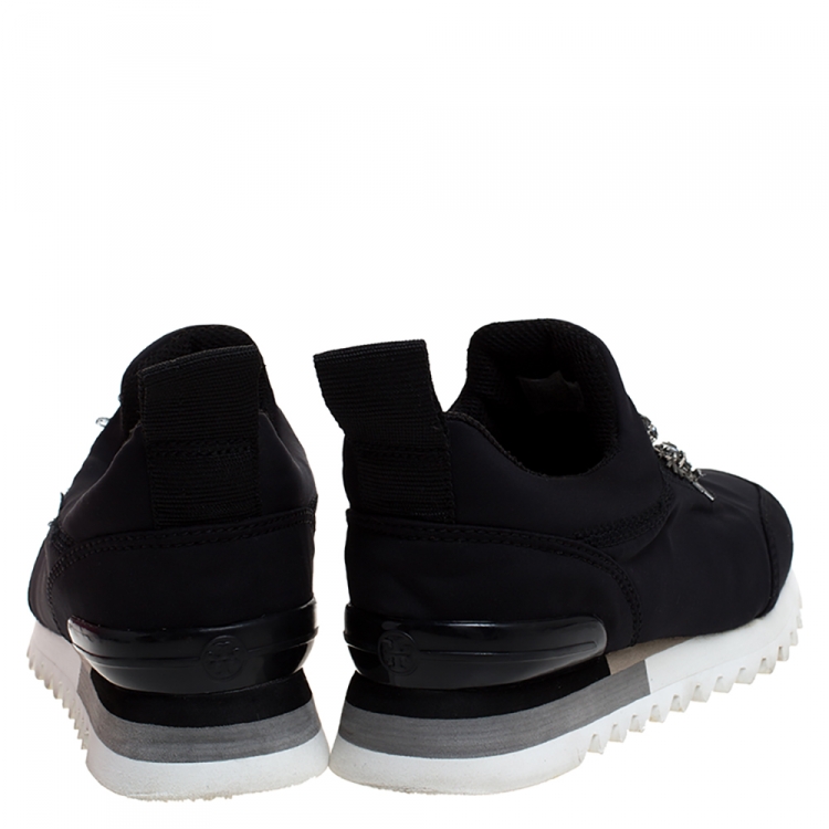 Pre Owned Tory Burch Black Neoprene Rosas Embellished Runner Sneakers Size 36.5