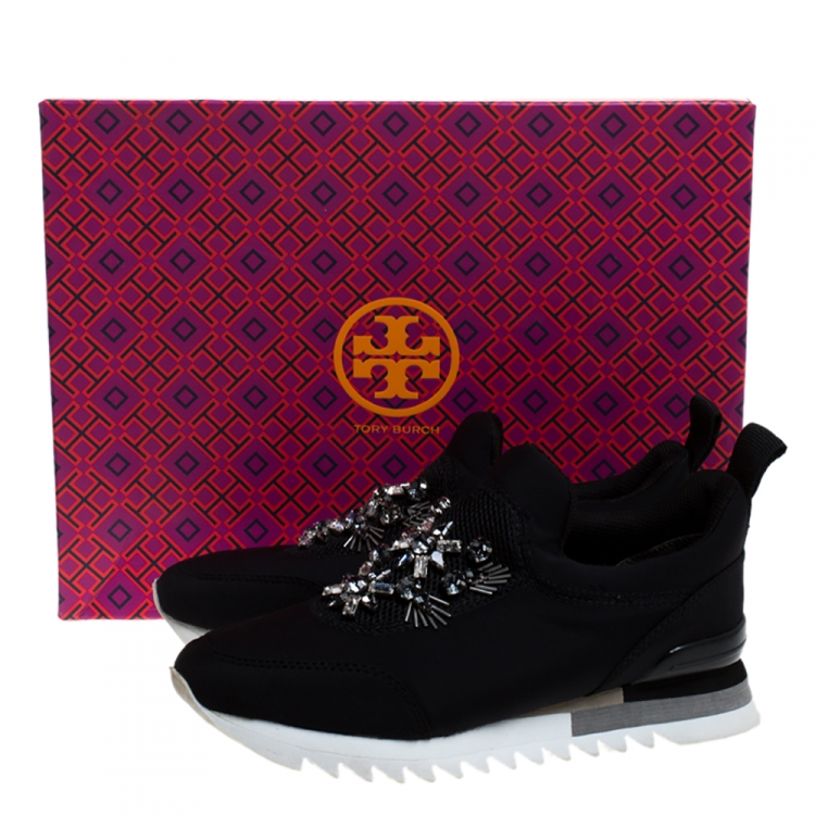 Pre Owned Tory Burch Black Neoprene Rosas Embellished Runner Sneakers Size 36.5
