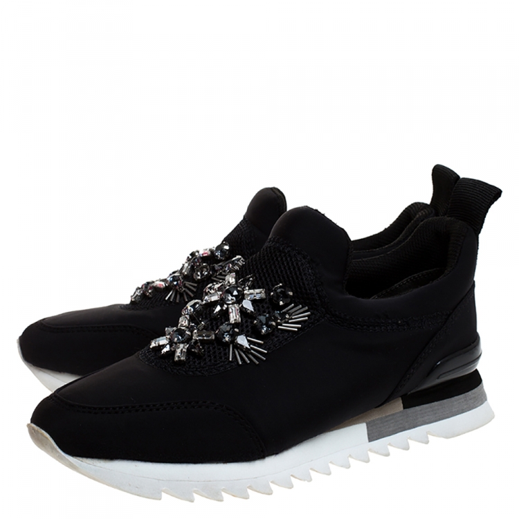 Pre Owned Tory Burch Black Neoprene Rosas Embellished Runner Sneakers Size 36.5
