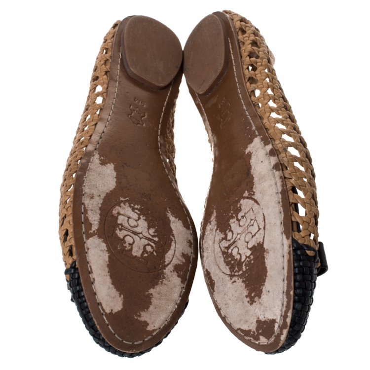 مملوكة مسبقًا Tory Burch Beige/Black Woven Leather Bow Ballet Flats Size 39