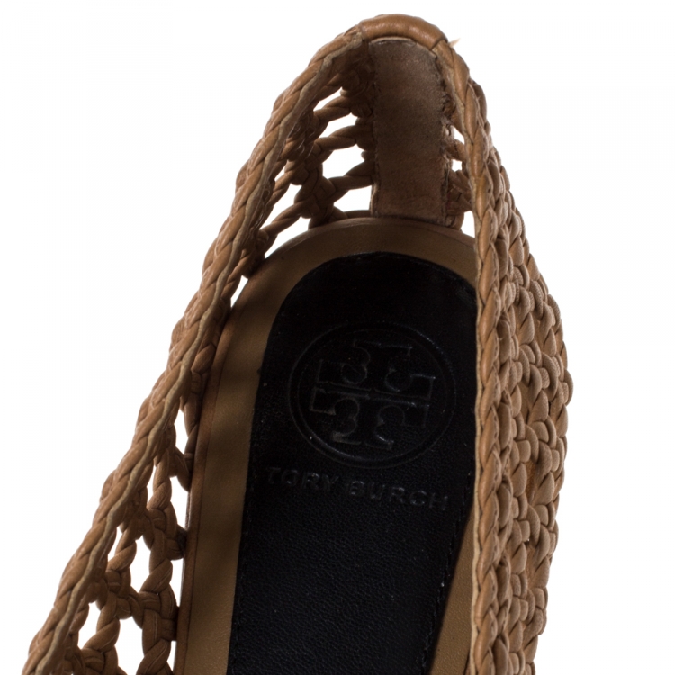 مملوكة مسبقًا Tory Burch Beige/Black Woven Leather Bow Ballet Flats Size 39