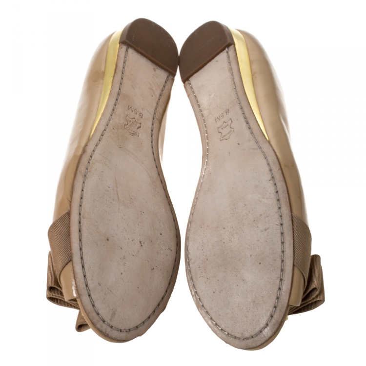 Pre Owned Tory Burch Beige Patent Leather Trudy Bow Ballet Flats Size 38.5