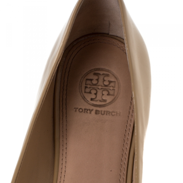 Pre Owned Tory Burch Beige Patent Leather Trudy Bow Ballet Flats Size 38.5