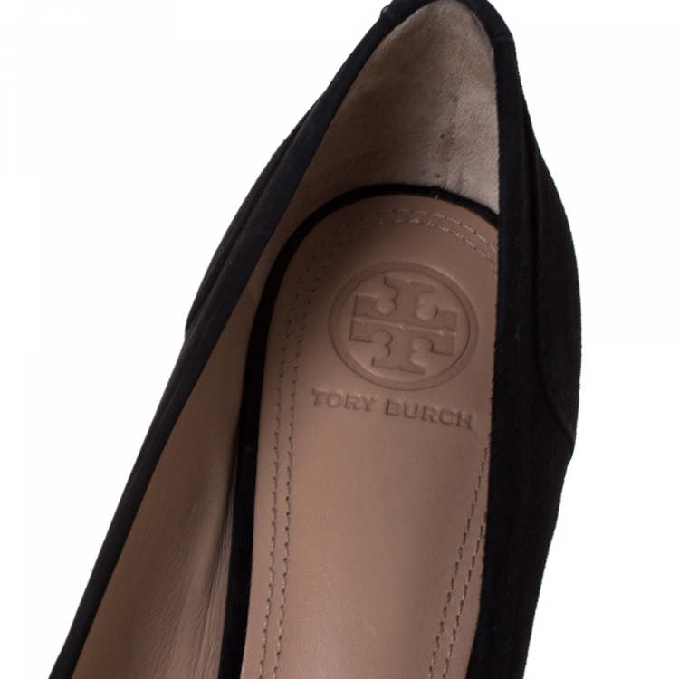 Pre Owned Tory Burch Black Suede Leather Block Heel Pumps Size 37