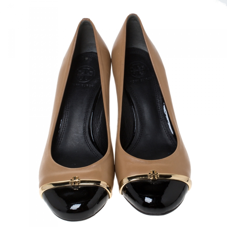 Pre Owned Tory Burch Brown Leather Cap Toe Wedge Pumps Size 36.5