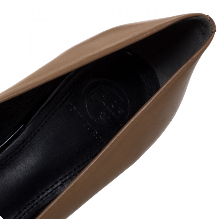 Pre Owned Tory Burch Brown Leather Cap Toe Wedge Pumps Size 36.5