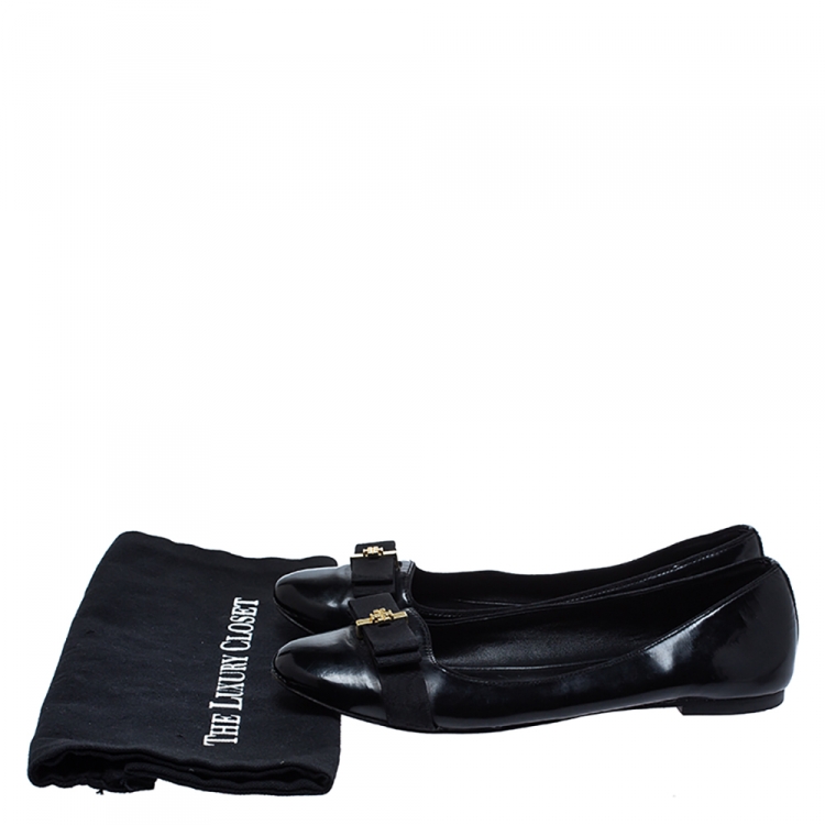 Pre Owned Tory Burch Black Leather Bow Ballet Flats Size 38.5