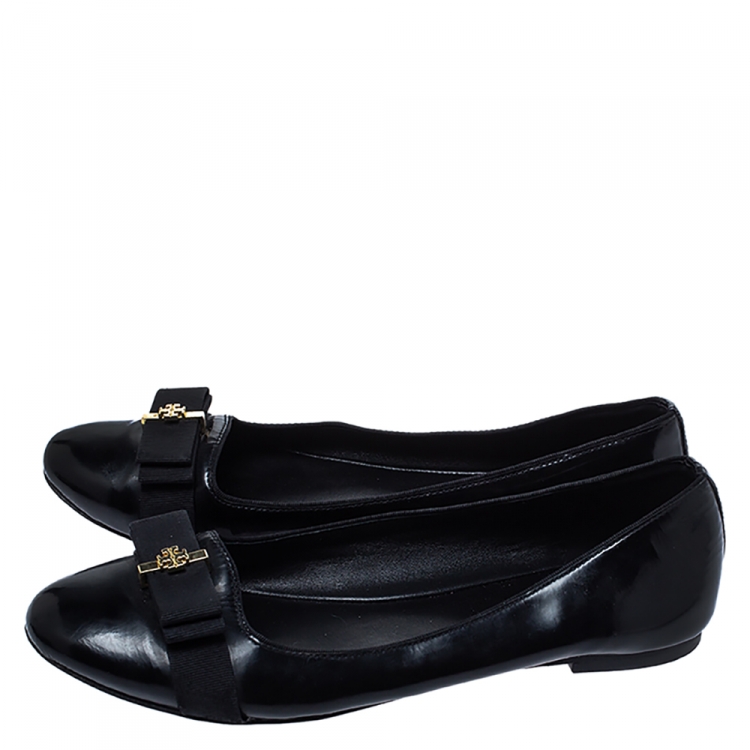 Pre Owned Tory Burch Black Leather Bow Ballet Flats Size 38.5