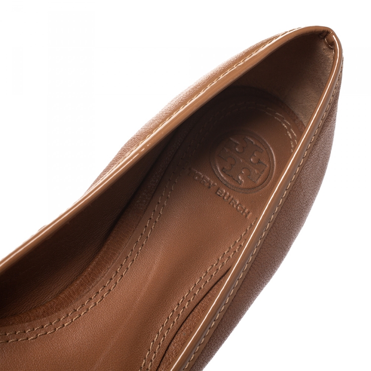 Pre Owned Tory Burch Brown Leather And Patent Logo Bow Ballet Flats Size 37