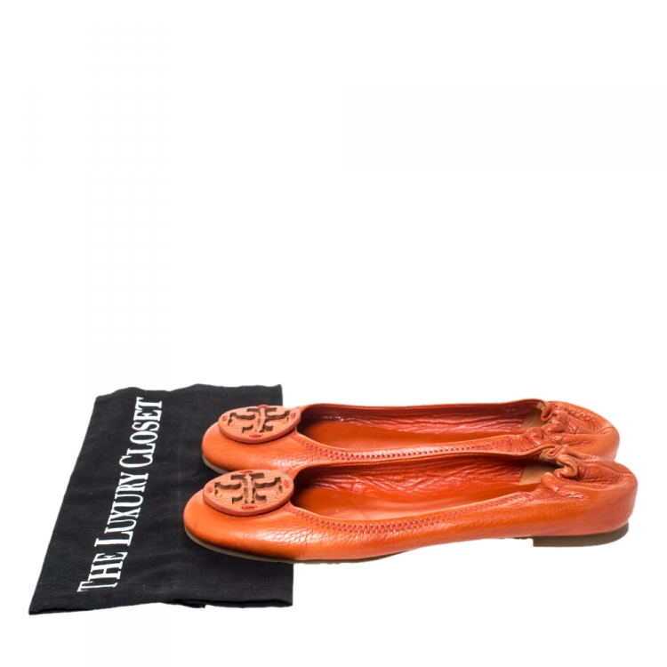 Pre Owned Tory Burch Orange Leather Reva Scrunch Ballet Flats Size 37