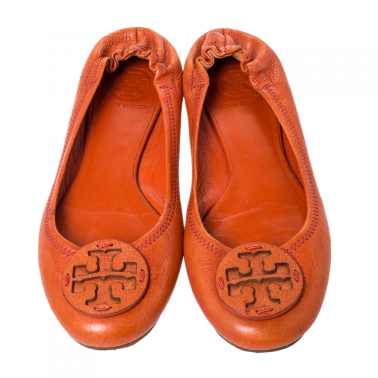 Pre Owned Tory Burch Orange Leather Reva Scrunch Ballet Flats Size 37