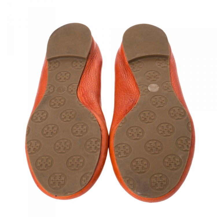 Pre Owned Tory Burch Orange Leather Reva Scrunch Ballet Flats Size 37