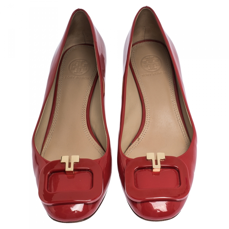 Pre Owned Tory Burch Red Patent Leather Block Heel Pumps Size 36.5