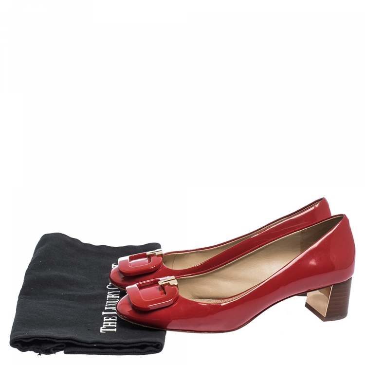 Pre Owned Tory Burch Red Patent Leather Block Heel Pumps Size 36.5