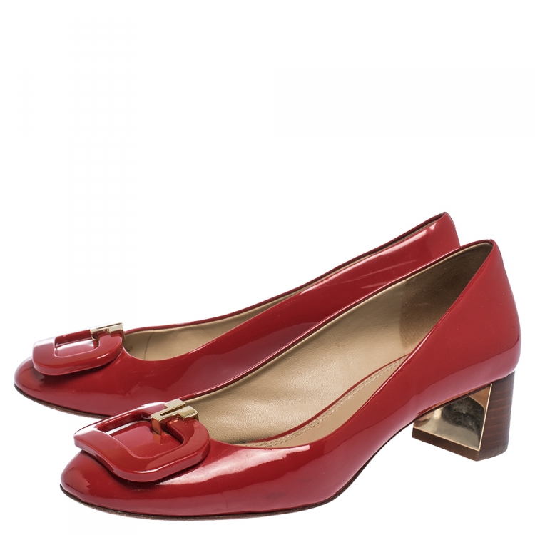 Pre Owned Tory Burch Red Patent Leather Block Heel Pumps Size 36.5