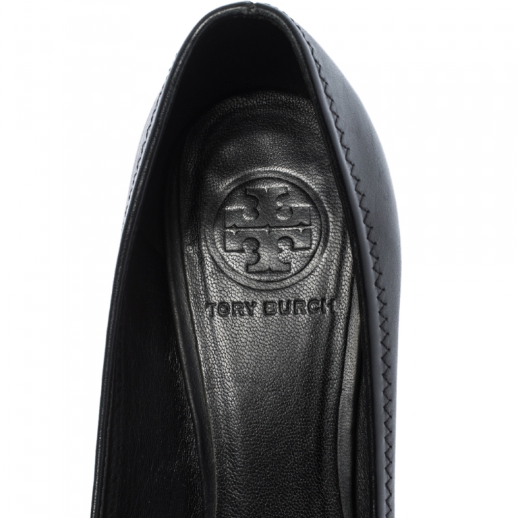 Pre Owned Tory Burch Black Leather Reva Block Heel Pumps Size 36.5