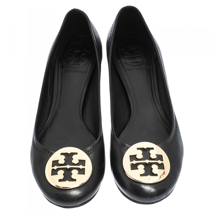 Pre Owned Tory Burch Black Leather Reva Block Heel Pumps Size 36.5