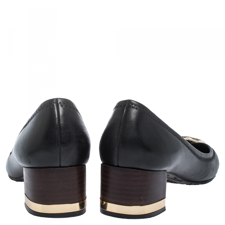 Pre Owned Tory Burch Black Leather Reva Block Heel Pumps Size 36.5