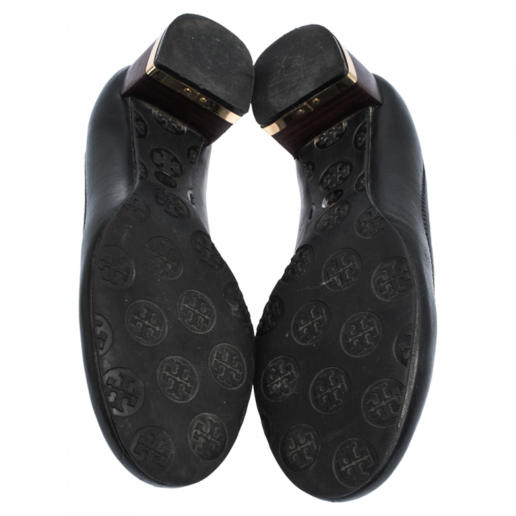 Pre Owned Tory Burch Black Leather Reva Block Heel Pumps Size 36.5