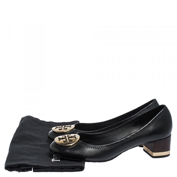Pre Owned Tory Burch Black Leather Reva Block Heel Pumps Size 36.5