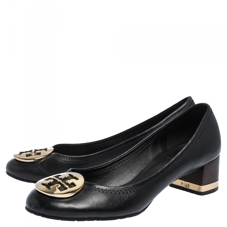 Pre Owned Tory Burch Black Leather Reva Block Heel Pumps Size 36.5