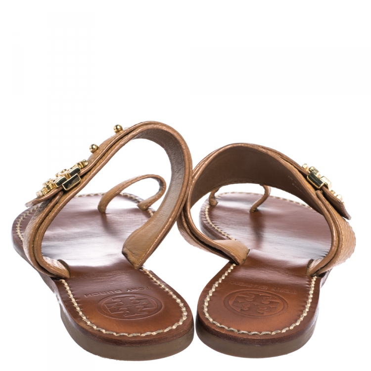 Pre Owned Tory Burch Brown Leather Logo Embellished Toe Ring Sandals Size 38