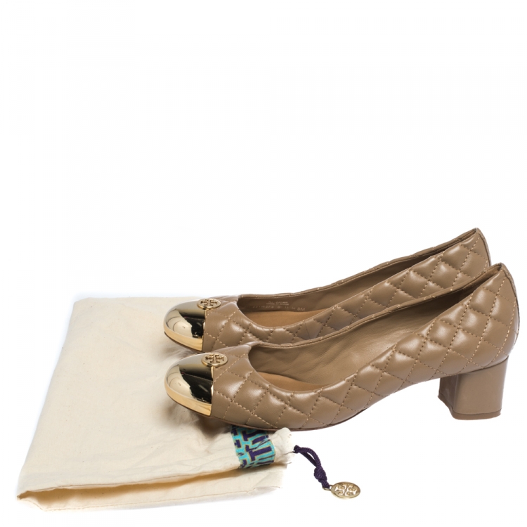 Pre Owned Tory Burch Beige Quilted Leather Kaitlin Cap Toe Pumps Size 38