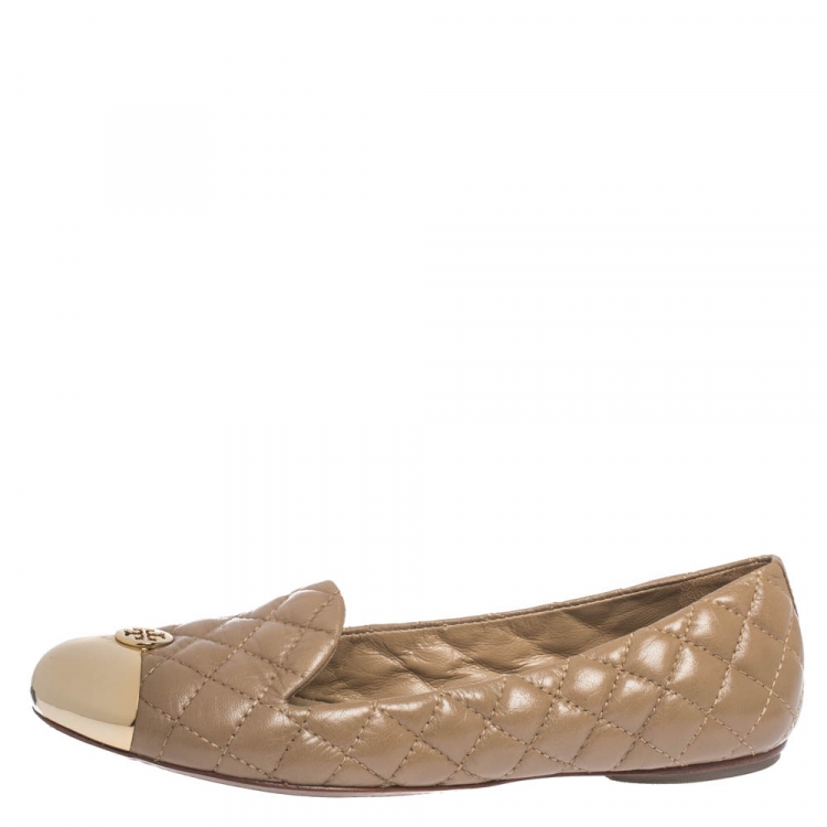 Tory Burch Beige Quilted Leather Kaitlin Metal Cap Toe Ballet Flats Size   Tory Burch | TLC
