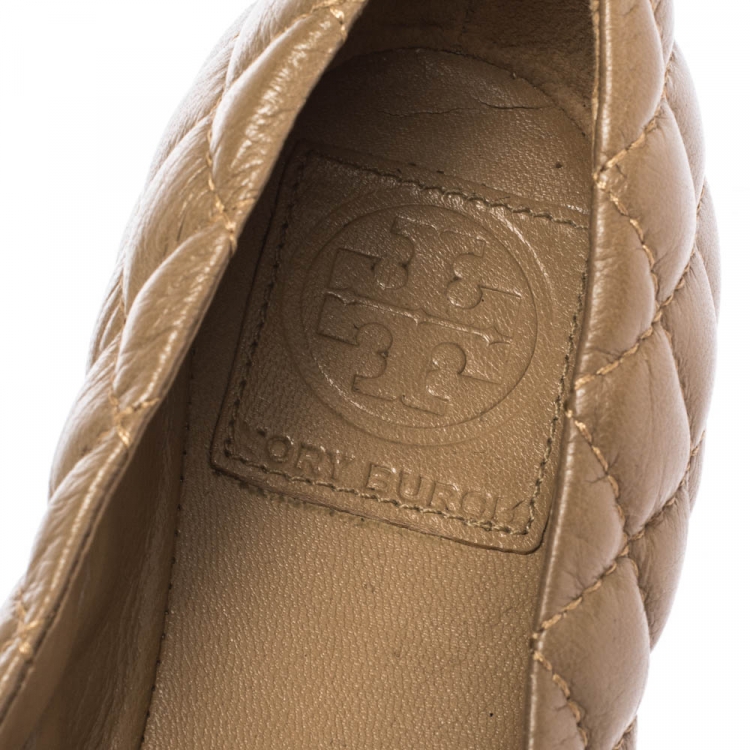 Pre Owned Tory Burch Beige Quilted Leather Kaitlin Metal Cap Toe Ballet Flats Size 37.5