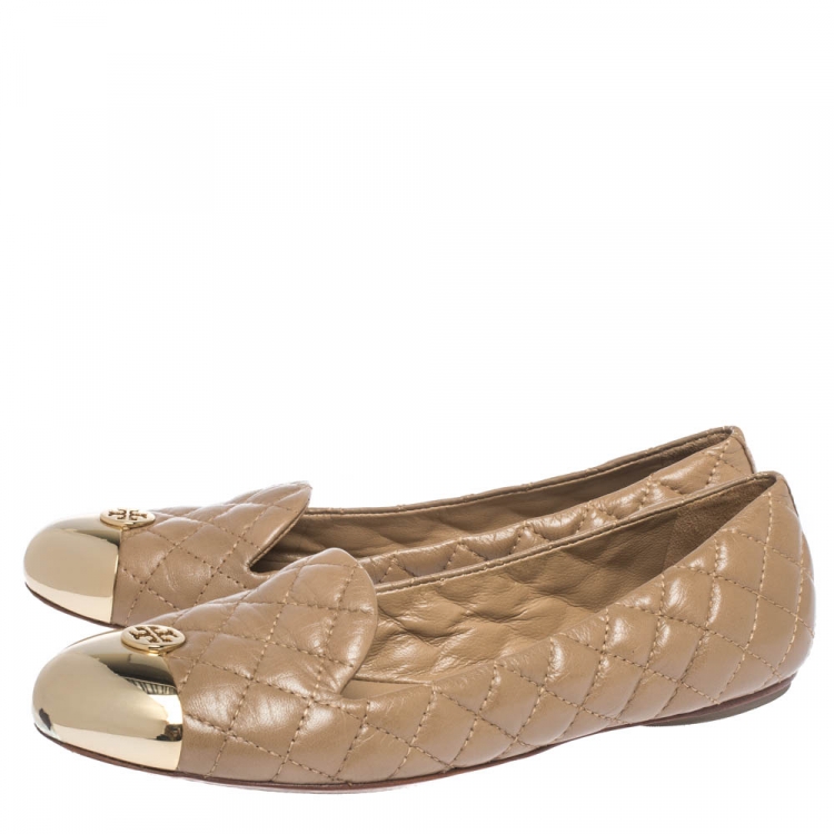 Pre Owned Tory Burch Beige Quilted Leather Kaitlin Metal Cap Toe Ballet Flats Size 37.5