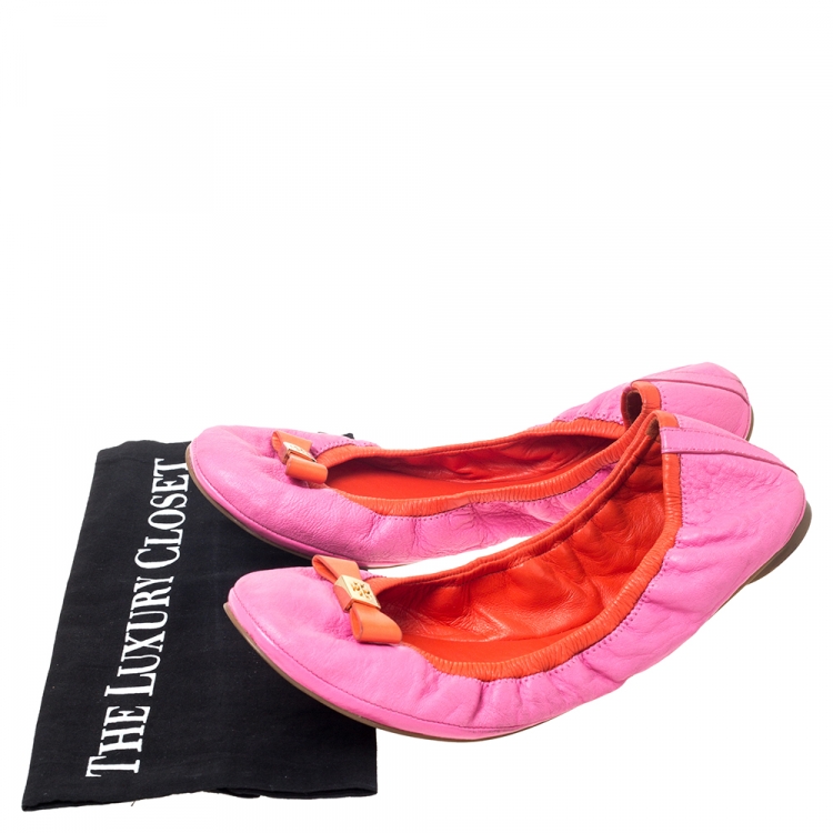 Pre Owned Tory Burch Pink Leather Scrunch Bow Ballet Flats Size 41