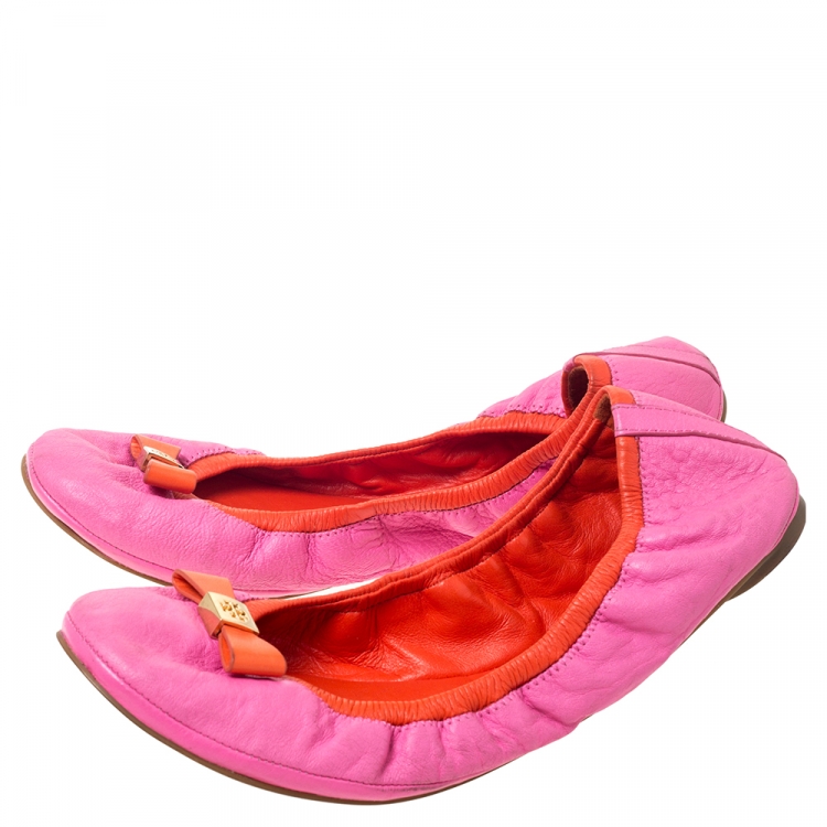 Pre Owned Tory Burch Pink Leather Scrunch Bow Ballet Flats Size 41
