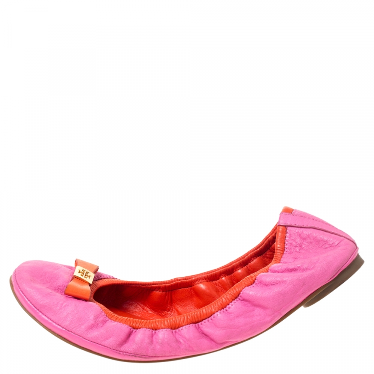 Tory Burch Pink Leather Scrunch Bow Ballet Flats Size 41 Tory Burch | TLC