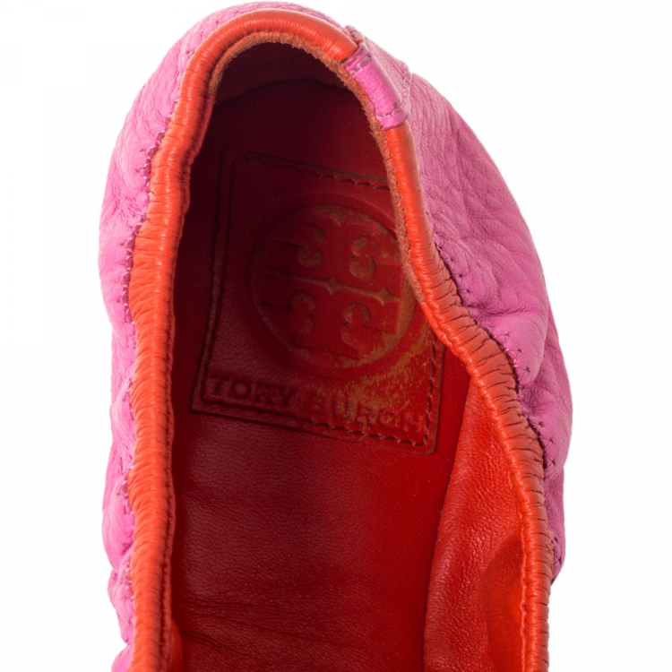 Pre Owned Tory Burch Pink Leather Scrunch Bow Ballet Flats Size 41