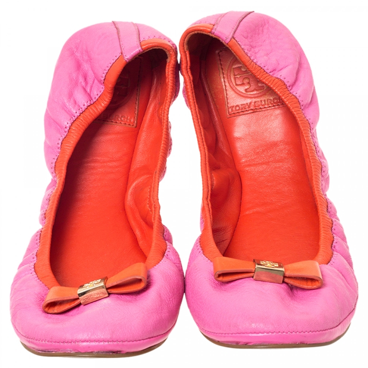 Pre Owned Tory Burch Pink Leather Scrunch Bow Ballet Flats Size 41