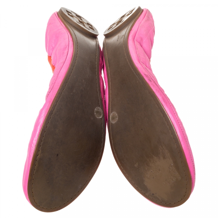 Pre Owned Tory Burch Pink Leather Scrunch Bow Ballet Flats Size 41