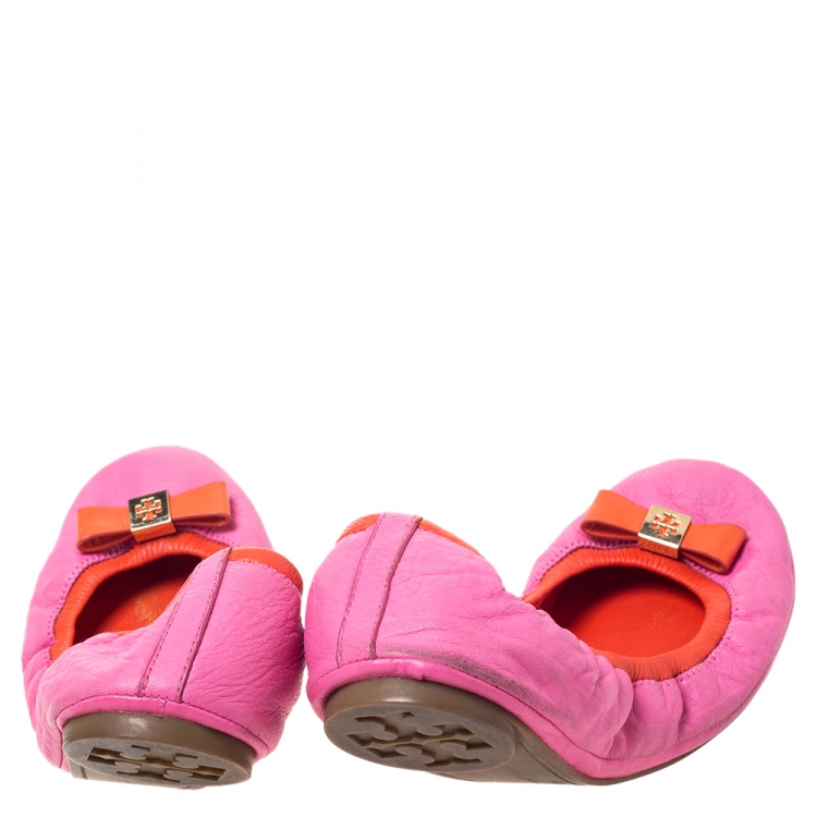 Pre Owned Tory Burch Pink Leather Scrunch Bow Ballet Flats Size 41