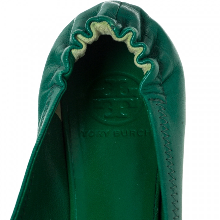 Pre Owned Tory Burch Green Leather Logo Minnie Ballet Flats Size 37.5