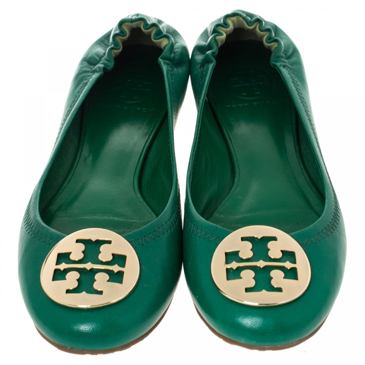 Pre Owned Tory Burch Green Leather Logo Minnie Ballet Flats Size 37.5