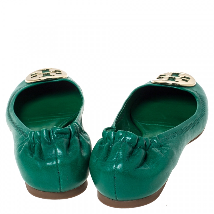 Pre Owned Tory Burch Green Leather Logo Minnie Ballet Flats Size 37.5