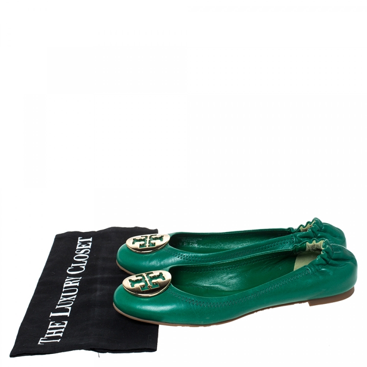 Pre Owned Tory Burch Green Leather Logo Minnie Ballet Flats Size 37.5