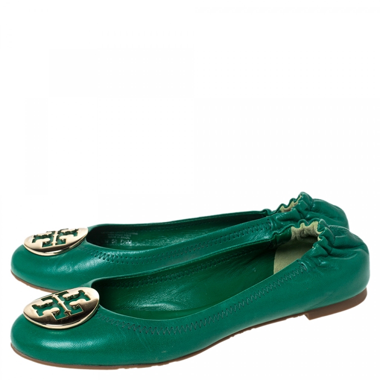 Pre Owned Tory Burch Green Leather Logo Minnie Ballet Flats Size 37.5
