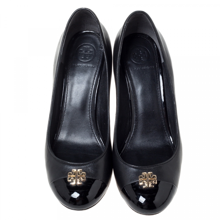 Pre Owned Tory Burch Black Leather Reva Cap Toe Wedge Pumps Size 37.5